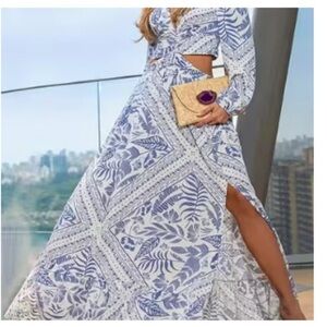 Elegant White and Blue Printed Maxi Dress - Cutout Detail